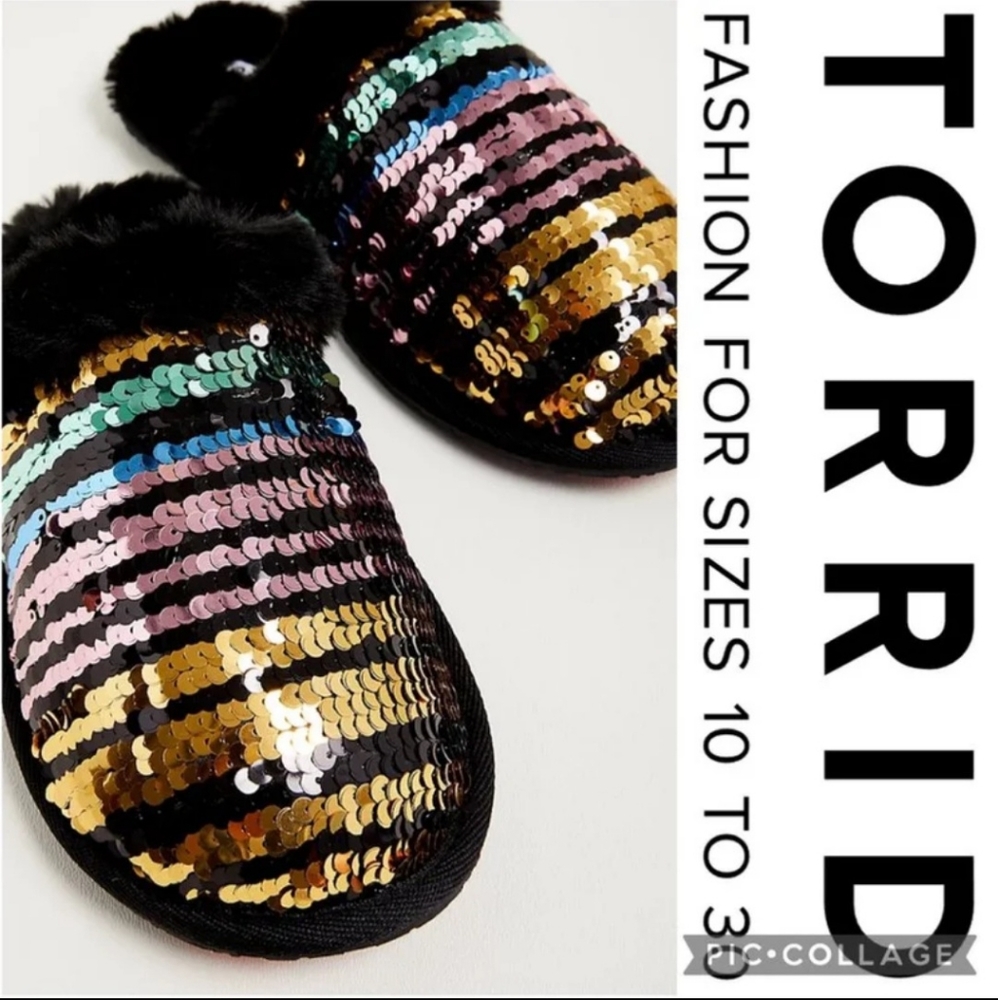 ❌️SOLD❌️ Torrid 8WW Fur Trim Slipper — Multi Sequins (WW)